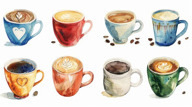 Create a set of watercolor clipart featuring various types of coffee mugs perfect for cafe menu designs or coffee shop promotions