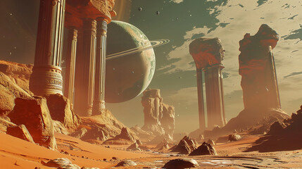 a space scene with pillars and planets, in the style of gravity-defying landscapes