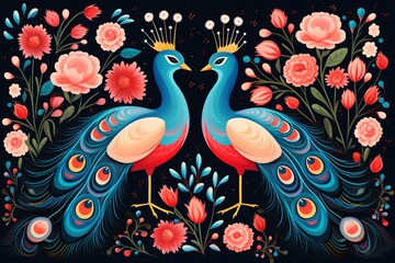 Naklejka premium Scandinavian floral dance, flat vector seamless, on peacock background , vector and illustration