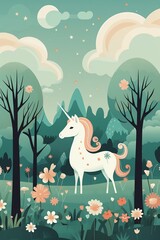 Obraz na płótnie Canvas Storybook princess and unicorn, repeating simple lines, seafoam ground , high resolution