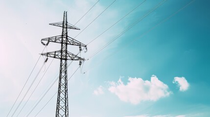 Obraz premium A power line tower against a clear blue sky, representing the reliability and stability of electricity as an essential resource.