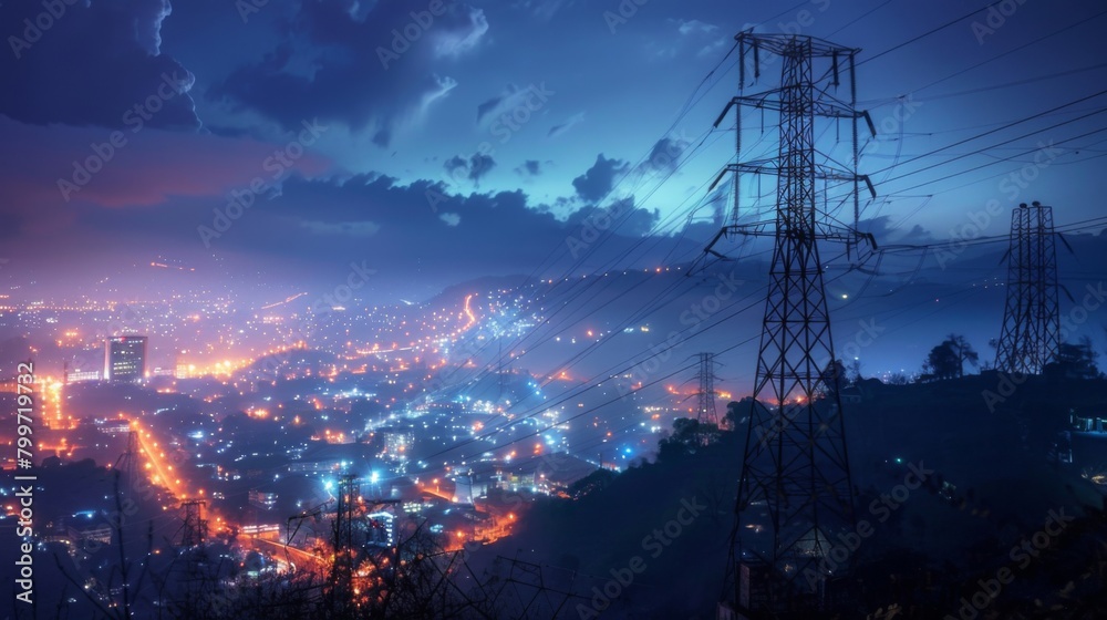 Poster a power line tower at night, illuminated by the glow of city lights, showcasing the continuous flow 