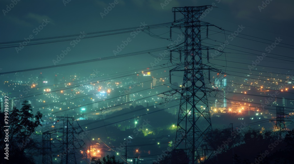 Poster a power line tower at night, illuminated by the glow of city lights, showcasing the continuous flow 