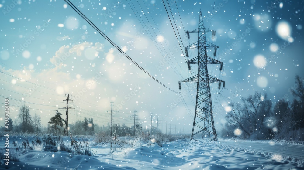 Poster a power line tower in a snowy landscape, symbolizing the resilience of electricity transmission syst