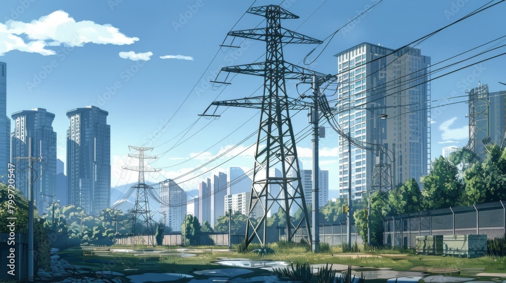Poster a power line tower in an urban setting, blending into the cityscape and symbolizing the modernizatio