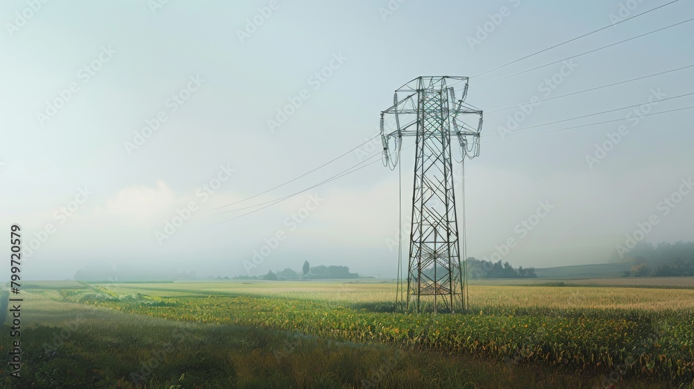 Poster a power line tower surrounded by agricultural fields, showcasing the role of electricity in modern f