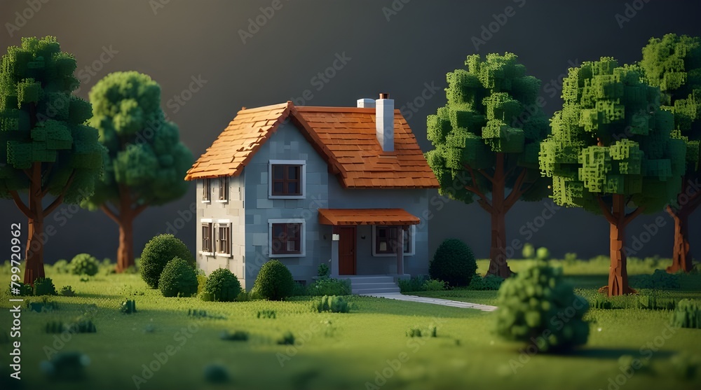 Wall mural house with tree on pixelated background. 3d rendering image of low.generative.ai