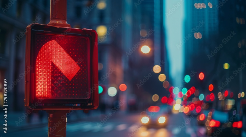 Poster a red arrow signal prohibiting left turns, indicating traffic to yield and proceed straight at an in