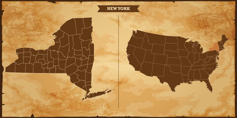 New York state map, United States of America map with federal states in A vintage map based background, Political USA Map - obrazy, fototapety, plakaty