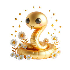 Fototapeta premium a 3D cute gold snake with flowers white background, simple, minimalist PNG