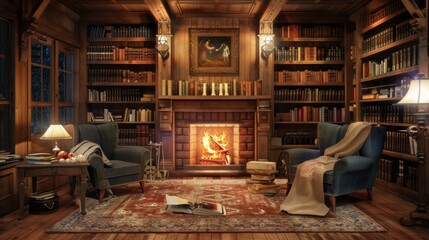 A rustic den with a fireplace, cozy armchairs, and shelves filled with books, ideal for quiet evenings and leisurely reading.
