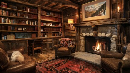 A rustic den with a fireplace, cozy armchairs, and shelves filled with books, ideal for quiet evenings and leisurely reading.