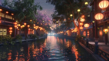 A serene canal winding through the ancient city, lined with traditional lanterns that cast shimmering reflections on the water's surface.