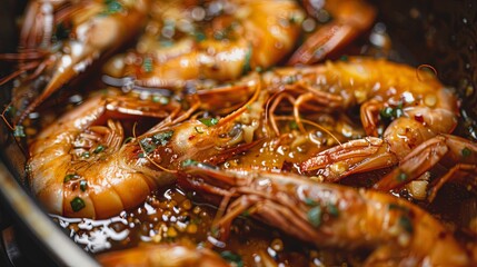 Close-up of raw prawns immersed in a flavorful fish sauce marinade, enhancing their natural sweetness and adding depth of flavor for a delicious seafood dish, perfect for grilling or stir-frying.