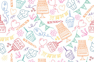 Seamless Happy Birthday pattern with doodle elements. Festive pattern.