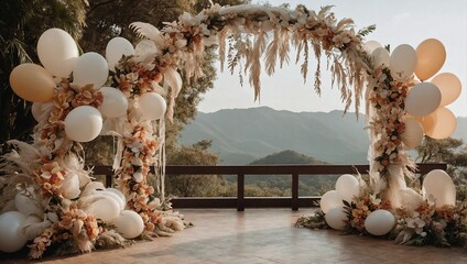 Lace and fabric wedding arch with paper leaves and orchids, set against a backdrop adorned with...