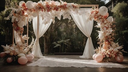 Lace and fabric wedding arch with paper leaves and orchids, set against a backdrop adorned with flowers and balloons.