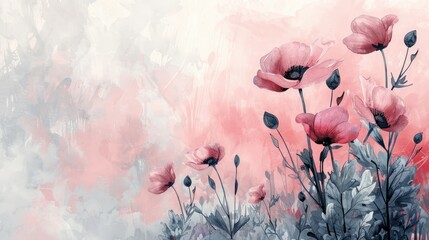 Pink watercolor flowers on a pink background with space to copy.