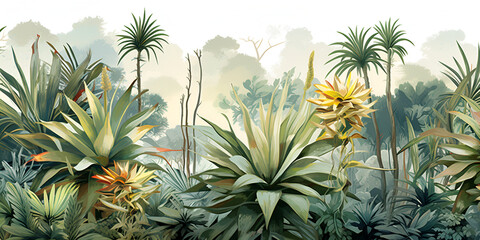 Painting of a tropical garden with palm trees botanical garden on a white background
