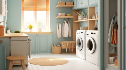 Real laundry room interior with washing machine near house window.AI generated image