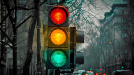 A traffic light changing from green to yellow, signaling drivers to slow down and prepare to stop at an intersection.