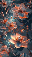 Abstract fractal glowing 3d flowers. Multi-colored fractal painting on a black background, magic flower bed, vertical.