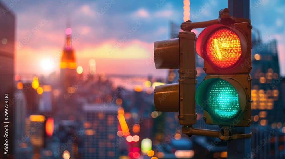 Poster a traffic light changing to green with a blurred cityscape background, symbolizing movement and prog