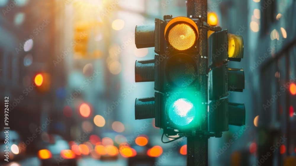 Poster A traffic light changing to green with a blurred cityscape background, symbolizing movement and progress.