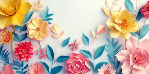 HD, 16k, empty space in center area, beautiful retro modern trendy Paper cut flowers bold and big 3D, minimalis element, background white aspect ratio 2:1