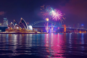 Naklejka premium The view of Sydney City with Opera house and fireworks and cruise in celebrating festival at Sydney