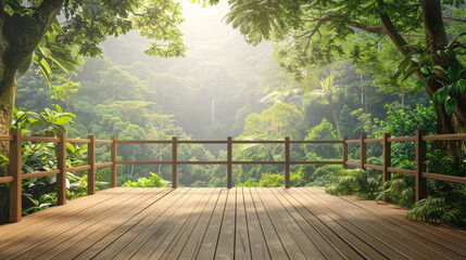 Fototapeta premium Wooden balcony in rainforest, observing point of the natural beautiful view