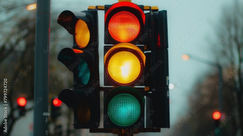 Poster A traffic light sequence showing all three colors - red, yellow, and green - symbolizing the rules of the road.