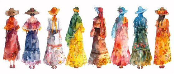 Craft watercolor clipart of traditional clothing from around the world suitable for a cultural exchange program international festival posters or travel agency promotions