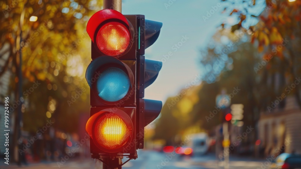 Poster A traffic light with a countdown timer indicating the time remaining before the light changes, aiding drivers in decision-making.