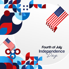 United States Independence Day square banner in colorful modern geometric style. USA National Day greeting card cover on 4th of July with country flag. Backgrounds for celebrating national holidays