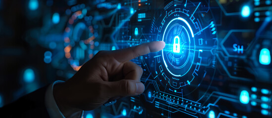Obraz premium Businessman hand reaches out to touch a virtual screen display digital transformation. The concept of using technology to change and improve business. Generative AI.