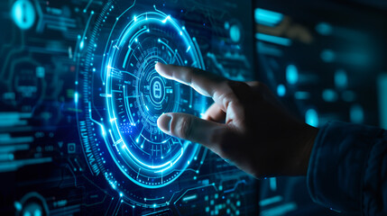 Businessman hand reaches out to touch a virtual screen display digital transformation. The concept of using technology to change and improve business. Generative AI.