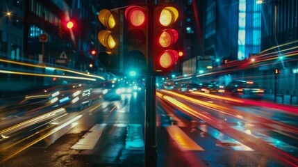A traffic signal at night with streaks of light from passing vehicles, emphasizing urban traffic flow and safety.