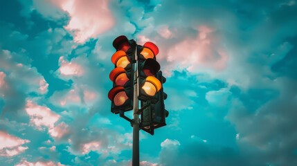 A traffic signal pole against a cloudy sky, showcasing infrastructure for urban transportation management.