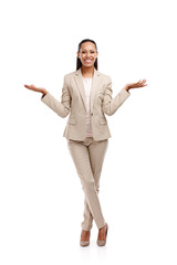 Choice, studio and African woman for business or career, cheerful or happy with smile. Female...