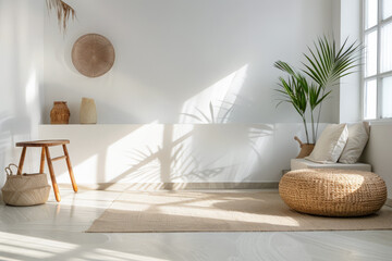 Minimalist interiors design composition with zen elements and minimal furniture.