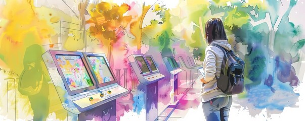 Customer engagement strategies in play, interactive digital kiosk, lively watercolor tones