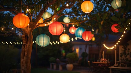 Colorful paper lanterns hang from the trees adding a festive touch to the backyard barbecue gathering. 2d flat cartoon.