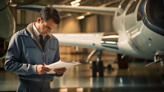 Engineer inspects aircraft,Apprentice aircraft maintenance engineer in maintenance hangar