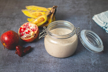 selective focus of oats smoothie with sabja seeds. 