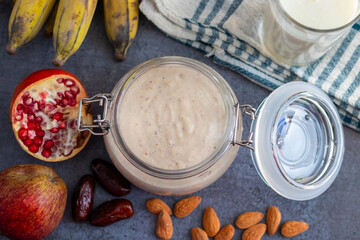 selective focus of oats smoothie with sabja seeds. 