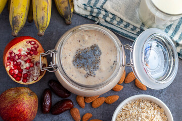 selective focus of oats smoothie with sabja seeds. 