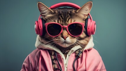 User
Funny cat on a background, listening to music with headphones. Stylish Cat Wearing Sunglasses and Headphones and pattern dress, Cat, Funny, Stylish, Sunglasses, Headphones, Music, Background