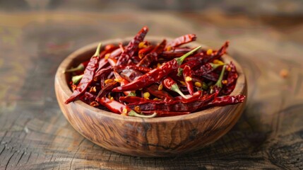 Fototapeta premium A wooden bowl filled with whole dried Thai chili peppers, showcasing the staple ingredient in Thai cuisine
