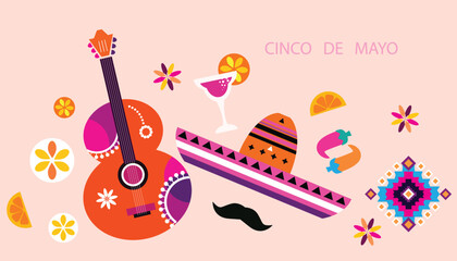 Happy Cinco de mayo template  poster with guitar, sombrero, firework Translation from spanish - Cinco de Mayo holiday art concept Vector flat icon  illustration